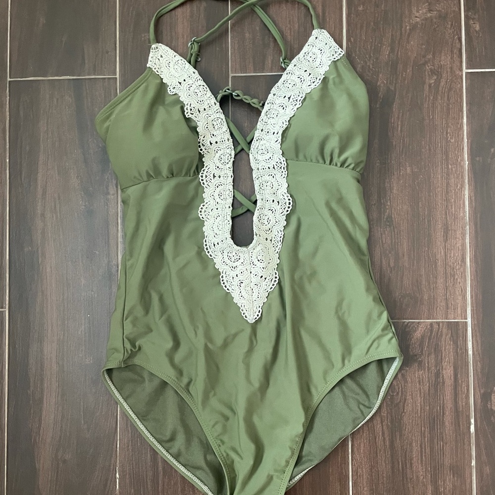 Olive green lace one piece bathing suit
